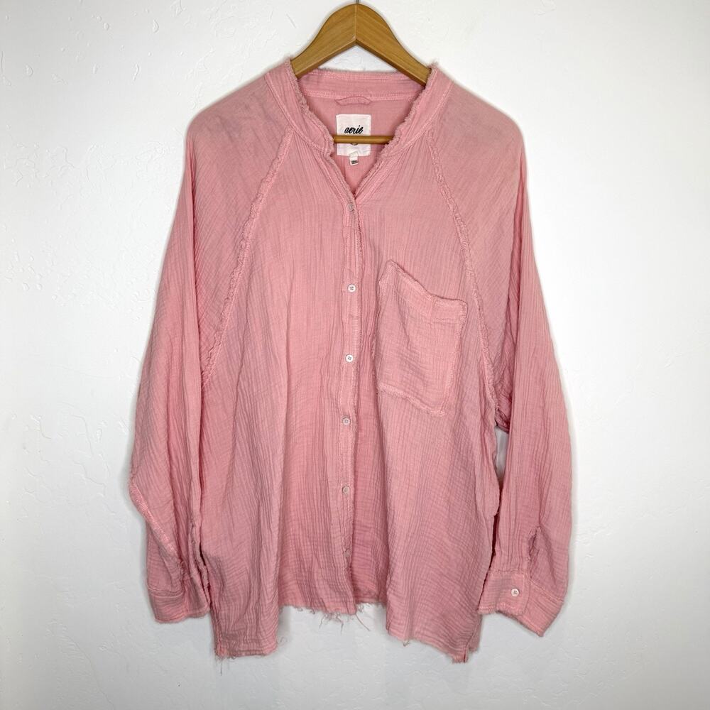 Aerie Gauze Button Down Shirt Womens Large Pink Frayed Long Sleeve Top